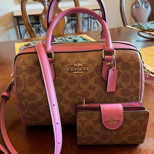 NWT Coach Rowan in Tan Signature and Fuchsia with matching wallet!